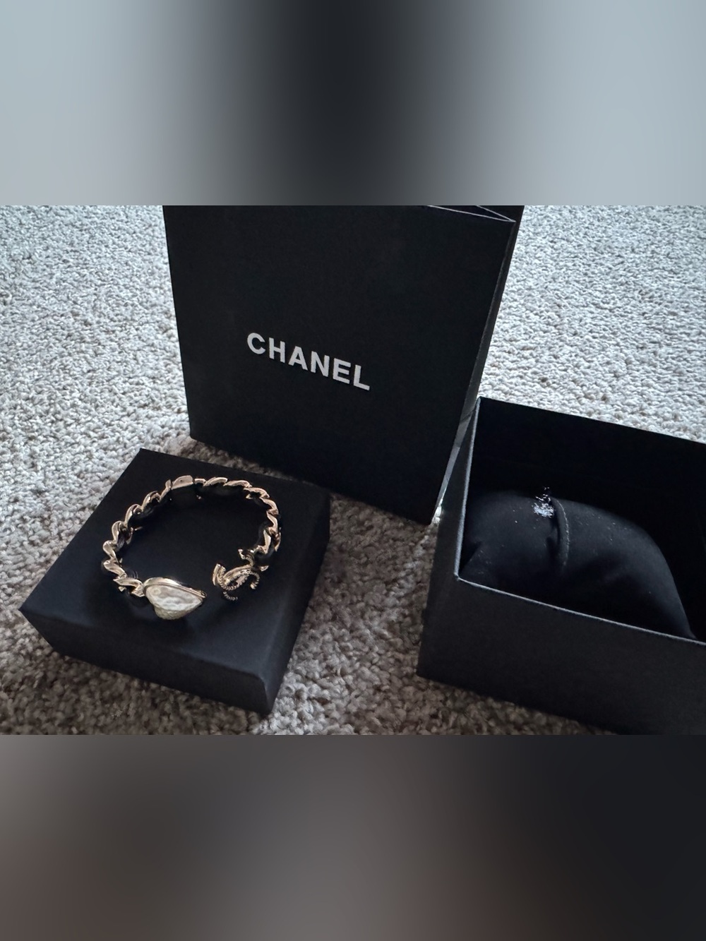 CHANEL Black Leather-Woven Chain Bracelet with Gold CC and Pearl Accent - Picture 2 of 2